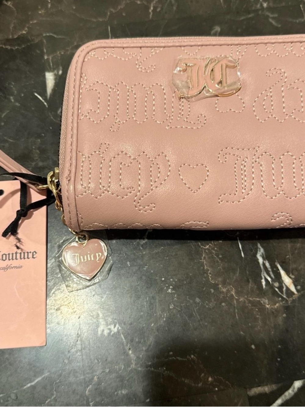 Juicy Couture Pink Embossed Double Sided Wallet with Heart Logo Zip Charm